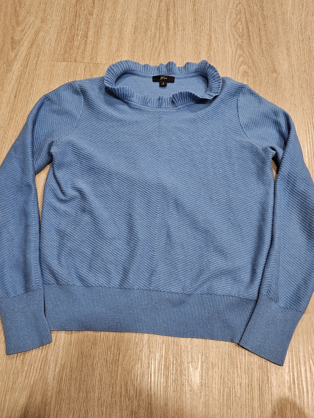 J.Crew Women Small Blue Ruffleneck Chevron Ribbed Merino Wool Blend Sweater